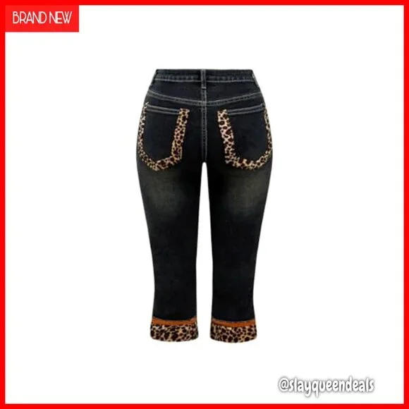 Women's Leopard Faux Fur Skinny Jeans Low Rise Capris Denim Pants